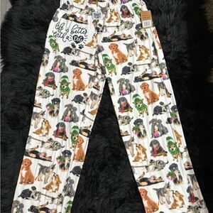 Dog Print Pajama Pants Casual Loungewear Pockets Drawstring Unisex Runs Long XL